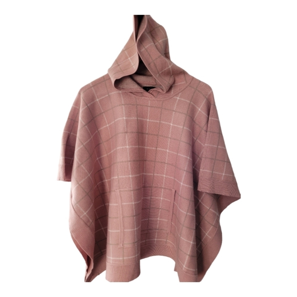Tahari Mauve Ivory and Taupe Window Pane Plaid Poncho Syle Hooded Pullover Swtr